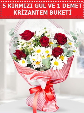 5 adet kırmızı gül ve krizantem buketi  Kıbrıs ucuz çiçek gönder 